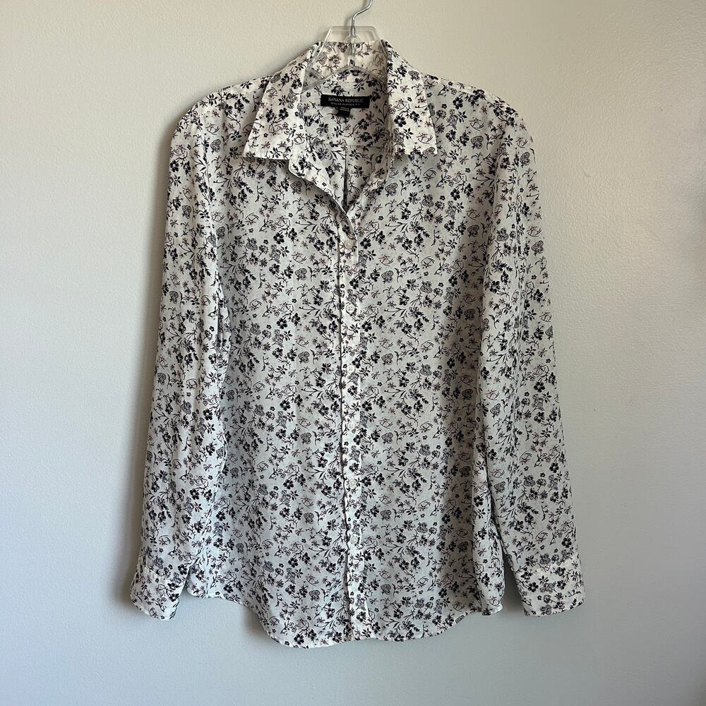 Banana Republic White Navy Pink Floral Dillon Classic Fit Button Up Shirt Small